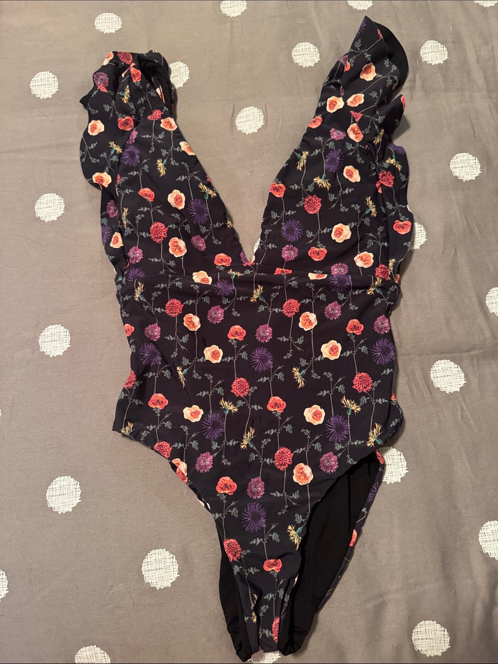 Floral One-Piece Swimsuit in Black with Red & Purple Blooms